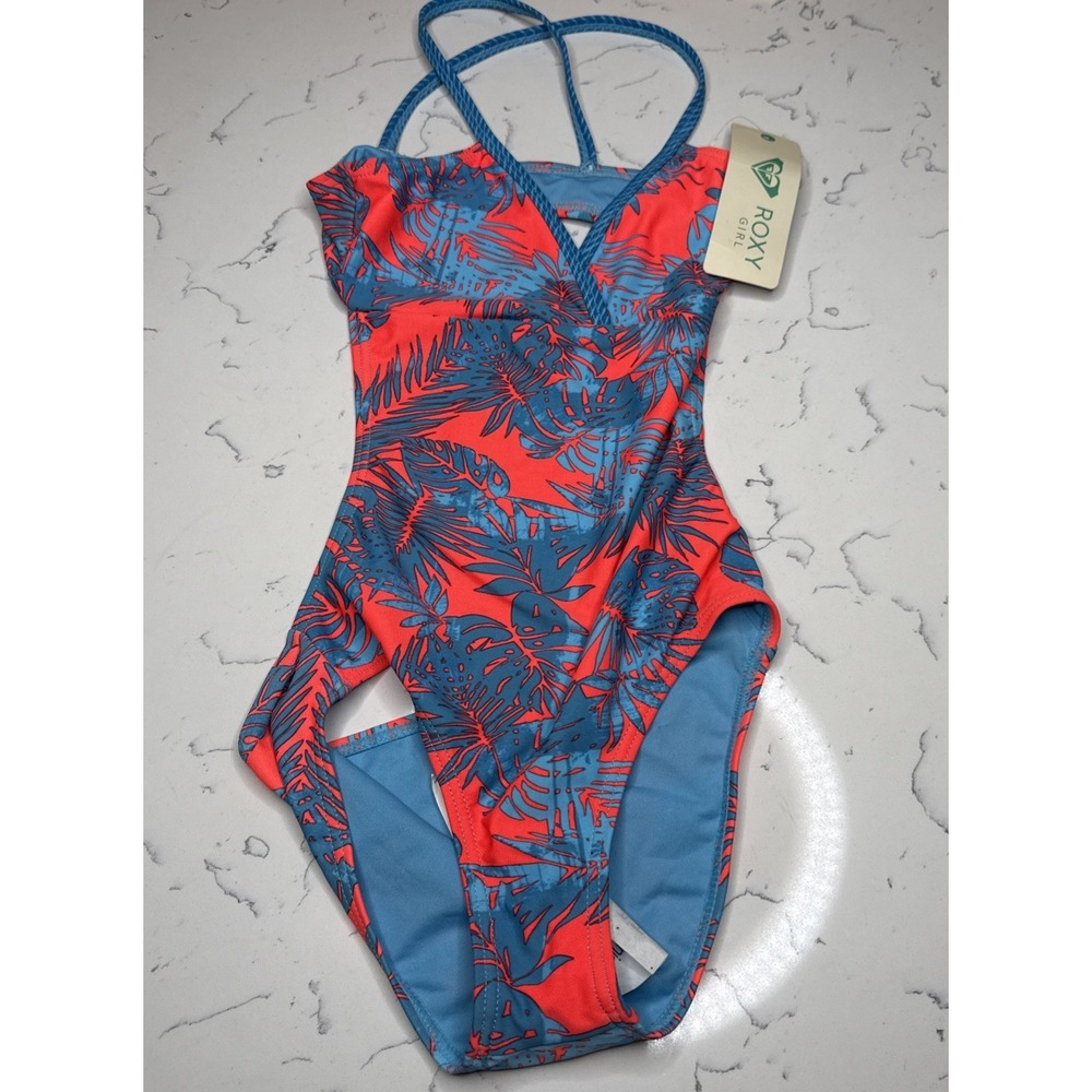Roxy Girl's Palms Orange Blue NWT One-Piece Swimsuit Size 10 Beach Pool Swim